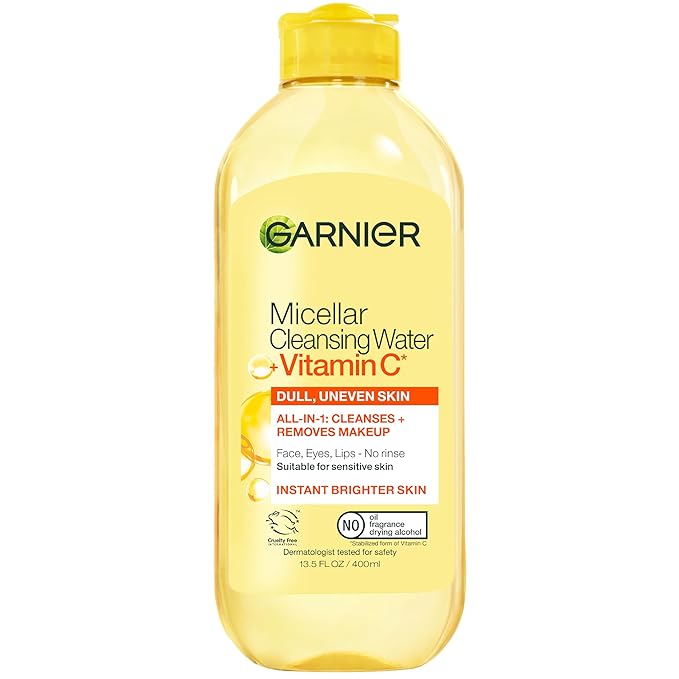 Garnier Micellar Water with Vitamin C, Facial Cleanser & Makeup Remover, Brightening & Hydrating, For All Skin Types, Vegan, Cruelty Free, 13.5 Fl Oz (400mL), 1 Count