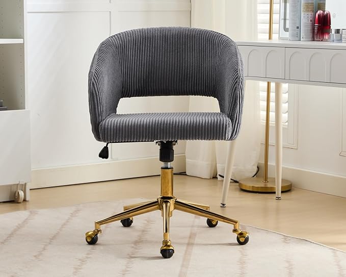 Home Office Chair Swivel Corduroy Fabric Desk Chair Accent Armchair Upholstered Modern Tufted Chairs with Gold Base for Girls Women Ergonomic Study Seat Computer Task Stools for Living Room(Gray)