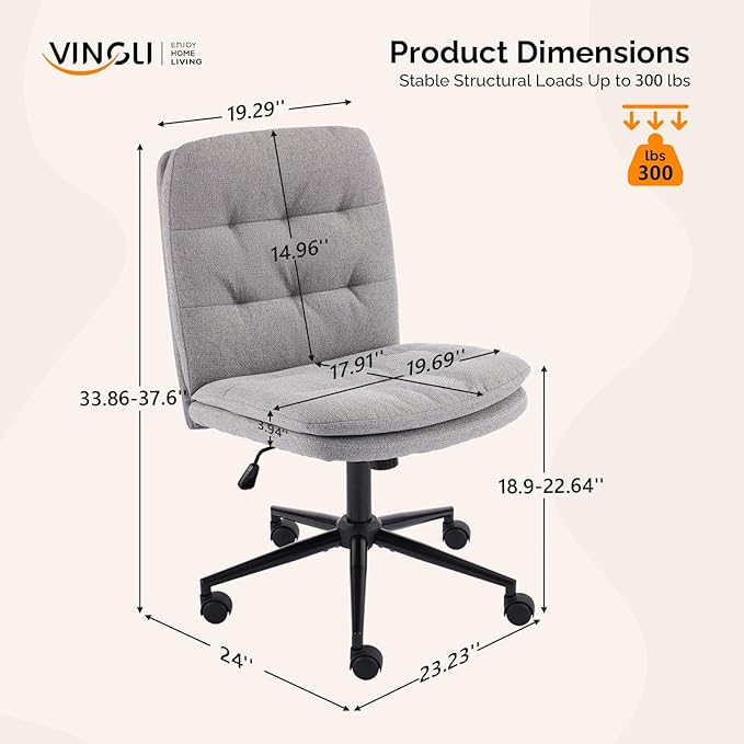 VINGLI Mid Back Armless Office Desk Chair with Wheels/no Wheels,360°Rocking Swivel Vanity Chair with Thickened Cushion,Adjustable Height Rolling for Reading Room, Make up, Linen Dark Grey