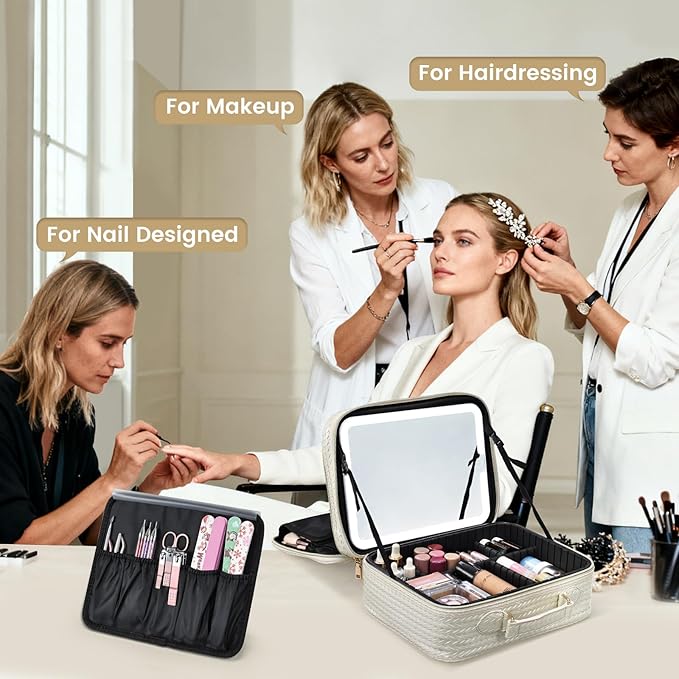 Makeup Bag with LED Lighted Mirror 12.2 IN Cosmetic Train Case Double Layer Makeup Case Adjustable Brightness in 3 Colors Cosmetic Organizer Artist Storage with Brush Holder Vanity Beige