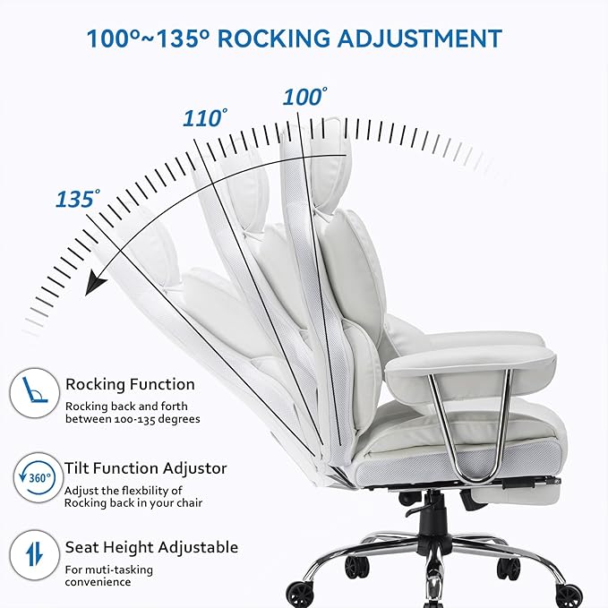 Efomao Big and Tall Office Chair 400lbs, Executive PU Leather Desk Chair with Footrest & Lumbar Support, Heavy Duty Computer Seating for Home, White