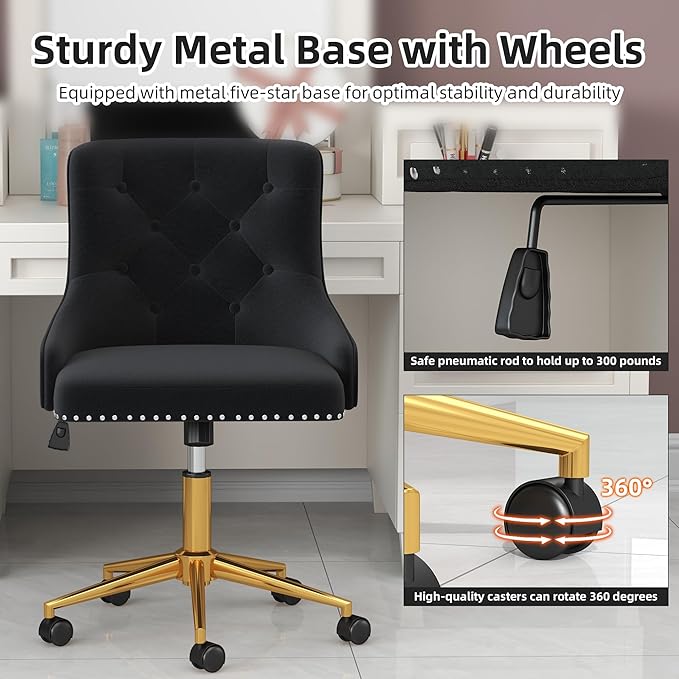 Westice Velvet Desk Chairs, Upholstered Swivel Comfy Makeup Vanity Chair with Tufted Back, Gold Metal Base & Wheels, Height Adjustable Chair for Girls, Bedroom Living Room, Black