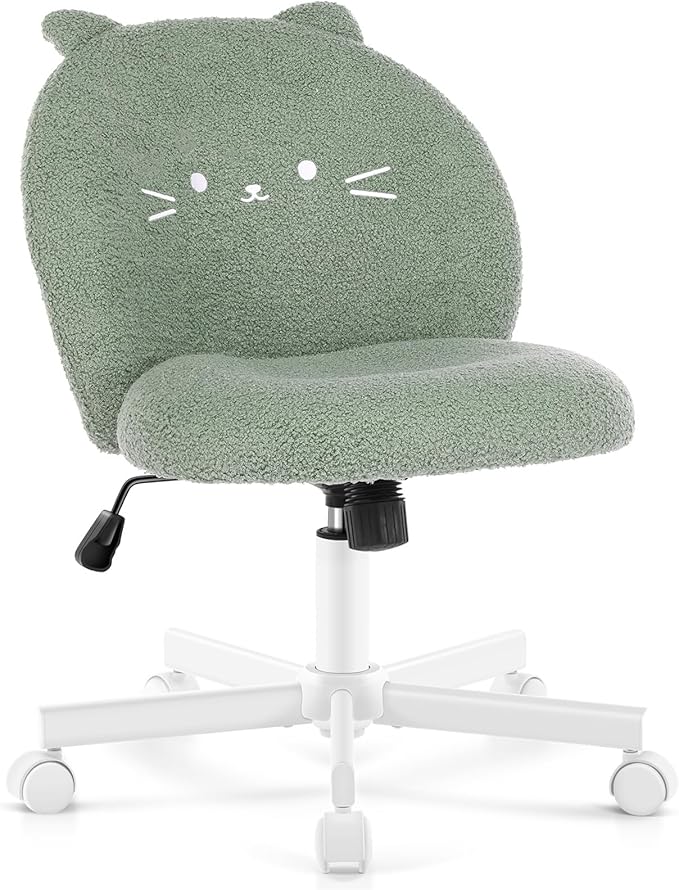 Vanity Chair with Cat Back,Armless Desk Chair Cute Small Office Chair,Teddy Fabric Computer Chair with Adjustable Height,120°Tilting,Rolling,Swivel for Vanity,Kids Room,Office,Bedroom Green