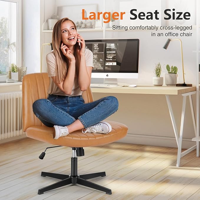Sweetcrispy Criss Cross Chair Legged, Armless Office Swivel Desk Chair No Wheels, Vanity Height Adjustable Wide Seat Faux Leather Computer Task Seating for Home Bedroom