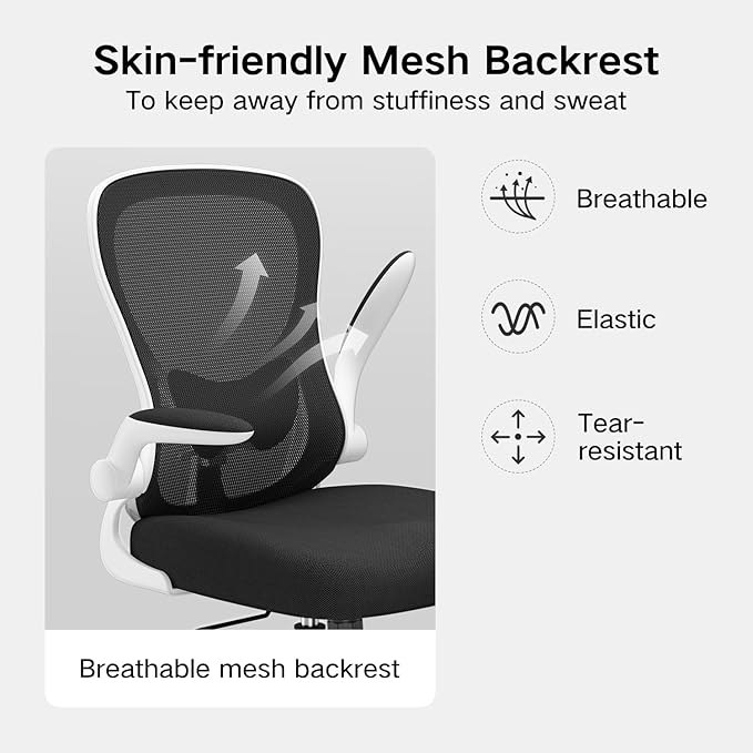 Hbada Office Chair Ergonomic Desk Chair, Office Desk Chairs with PU Silent Wheels, Breathable Mesh Computer Chair with Adjustable Lumbar Support, Flip-up Armrests, Tilt Function, White