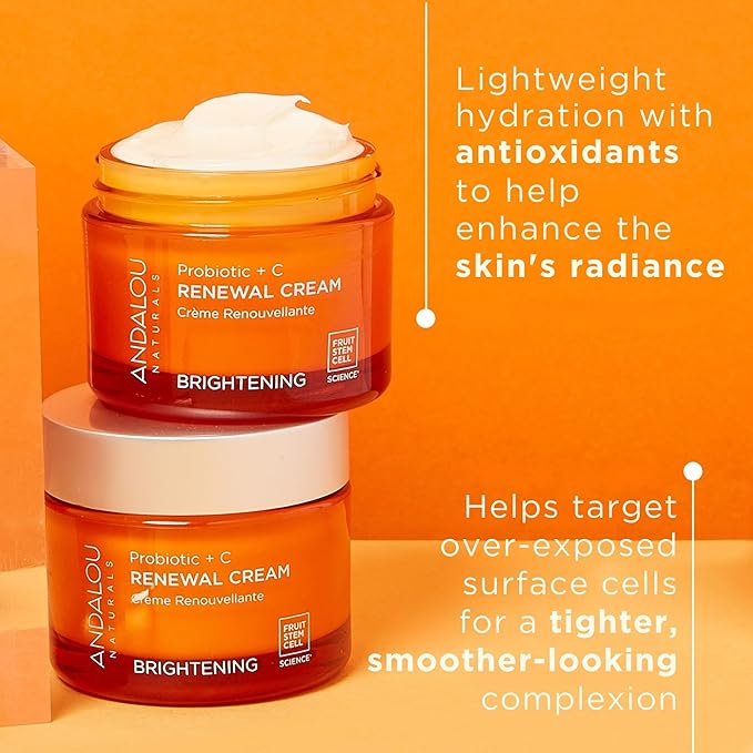 Andalou Naturals Probiotic + Vitamin C Renewal Cream-Complexion Enhancing Hydrating Face Moisturizer-Helps Promote Firmer Skin&More Even Tone-Lightweight,Non-Greasy Formula-1.7 Oz,(Pack of 2)