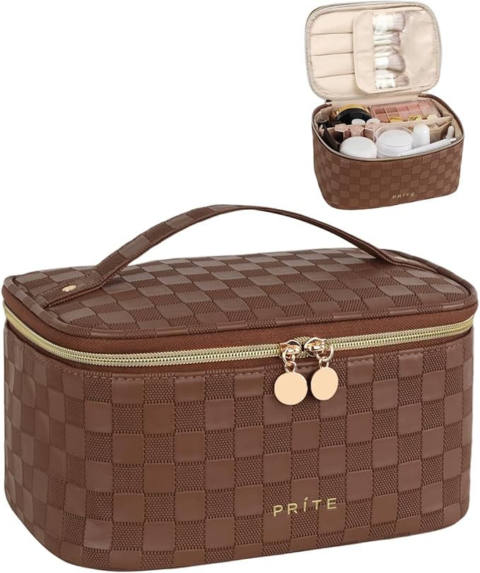 Prite Makeup Bag, Large Capacity Portable Travel Cosmetic Bag, Waterproof Makeup Organizer for Women with Handle and Divider (001 Checkered Brown)