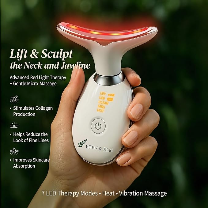 Eden & Elm - Face & Neck Sculpting Massager – 7 Color LED Beauty Tool for Firm-Looking Skin, Jawline Contouring & Daily Lift Routine – Ergonomic Curved Wireless Skincare Device