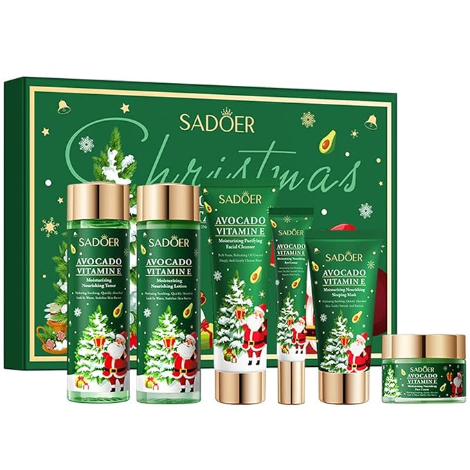 Christmas Avocado Skincare Gift Set, 6pcs Deep Moisturizing Skin Care Kit with Facial Cleanser, Toner, Lotion, Face Cream, Eye Cream, Sleeping Mask For Women Teen Girls