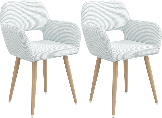 Home Office Desk Chair Set of 2, Corduroy Fabric Vanity Chair for Makeup with Hollow Backrest, Comfy Armchair Wood Frame with Strudy Metal Legs, Light Blue