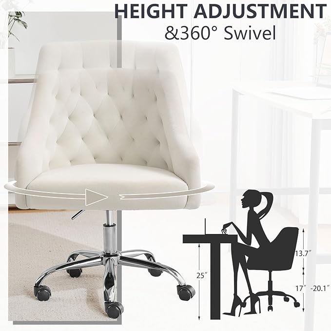MOJAY Velvet Office Swivel Chair, Vanity Fabric Desk Pretty Fancy Gold Office Chairs for Girls, 360°Swivel Height Adjustable Reception Chair (White)