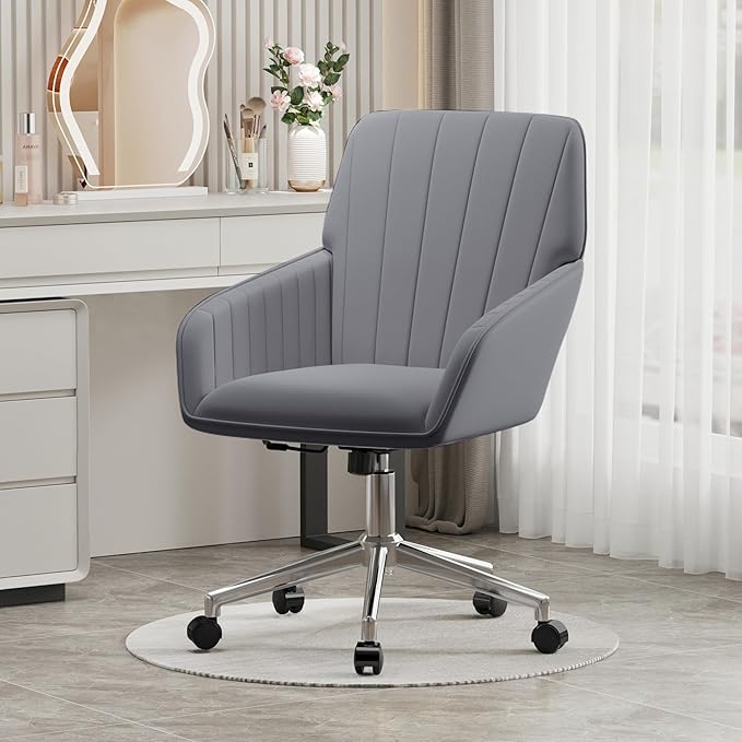 YISHENG Velvet Office Desk Chair with Silver Base, with Wheels,Modern Height Adjustable 360 Degree Swivel Upholstered Vanity Chairs with Arms for Living Room Bedroom,Gray