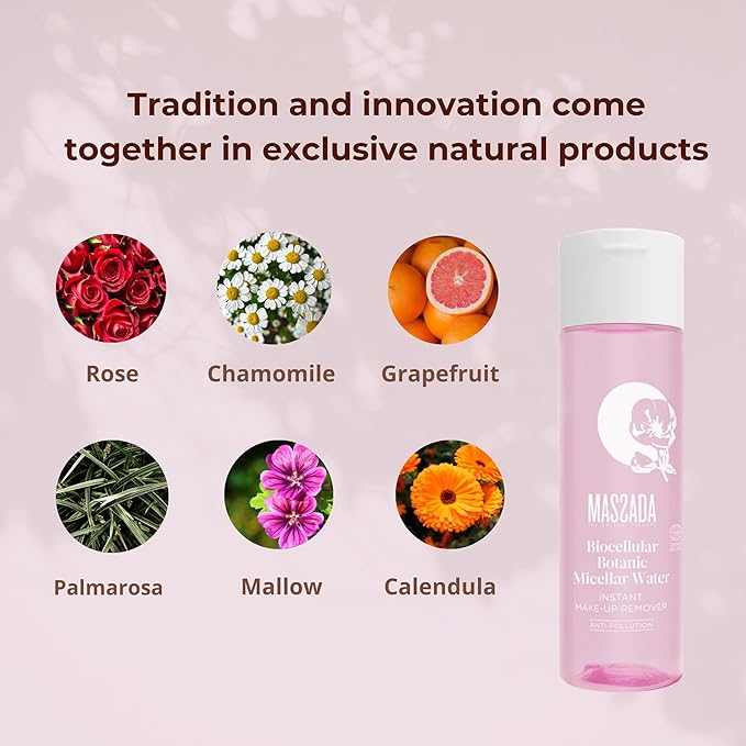 Massada Biocellular Botanic Micellar Water – Deep Cleansing & Makeup Removal | Chamomile, Calendula & Rose | Soothes & Softens Skin 6.7 fl. oz