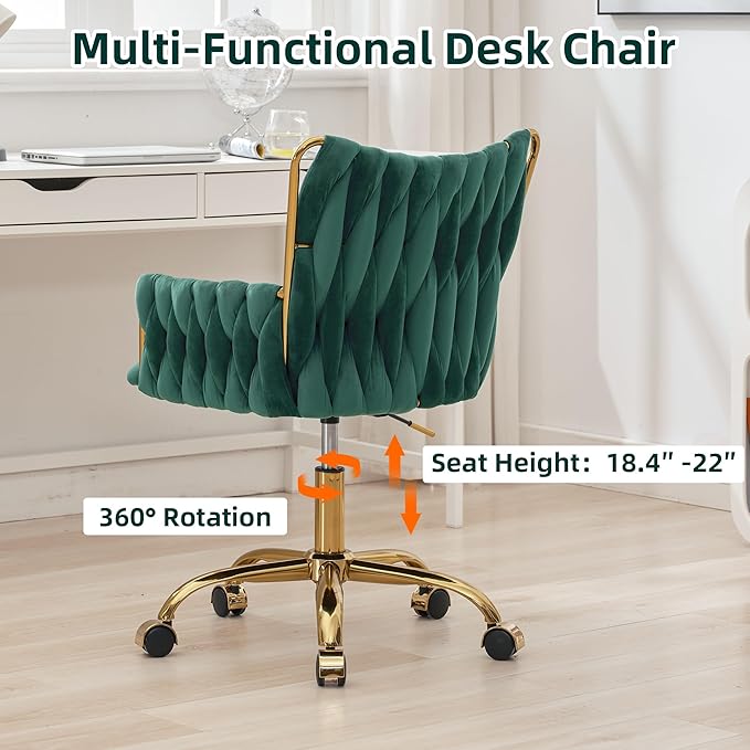 ABET Velvet Desk Chair with Wheels, Cute Upholstered Swivel Office Chair, Modern Gold Rolling Hand Woven Height Adjustable Armchair for Women Girls Home Makeup, Vanity, Nail Salon, Dark Green
