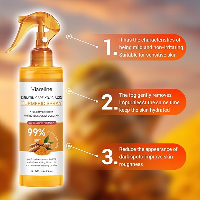 Peel Shot Keratin Care Kojic Acid Turmeric Spray, Turmeric Exfoliating Peeling Spray, Peel Shot Turmeric Spray for Face and Body, Exfoliate and Shine, Suitable for All Skin Types