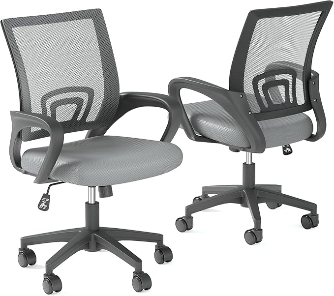 Home Office Chair, Ergonomic Mid-Back Mesh Desk Chair with Lumbar Support, Adjustable Swivel Rolling Design, Comfy Armrest for Work, Study, Gaming, Vanity (Light Gray, Double Chair)