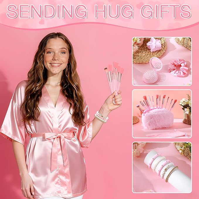15 Pcs Birthday Gifts for Women Robe Sets for Women Spa Basket Set Graduation Gifts Bath Robe Make up Brushes Scented Candle Fluffy Socks Coffee Cup for Mom Nurse Girlfriend Wife(Pink)