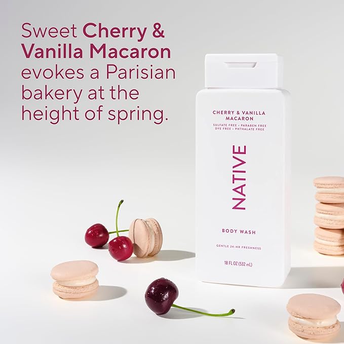 Native Body Wash Contains Naturally Derived Ingredients | For Women & Men, Sulfate, Paraben, & Dye Free Leaving Skin Soft and Hydrated | Cherry & Vanilla Macaron 18 oz