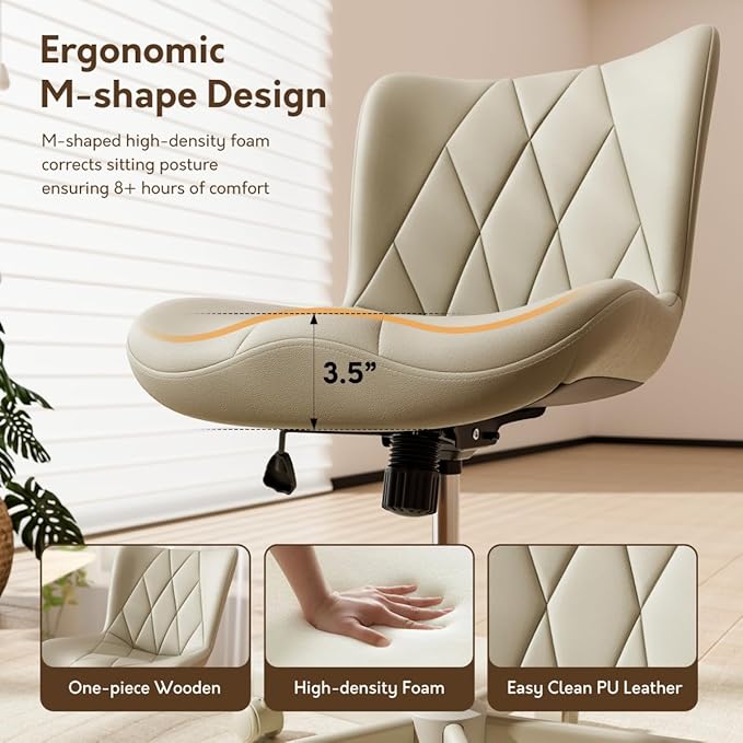 Armless Desk Chair, Morden Home Office Chair no Arms, Adjustable Height & Rocking Computer Chair, PU Leather Vanity Chair, Ergonomic Seat Soft Padded Desk Chairs for Home Small Space, Beige