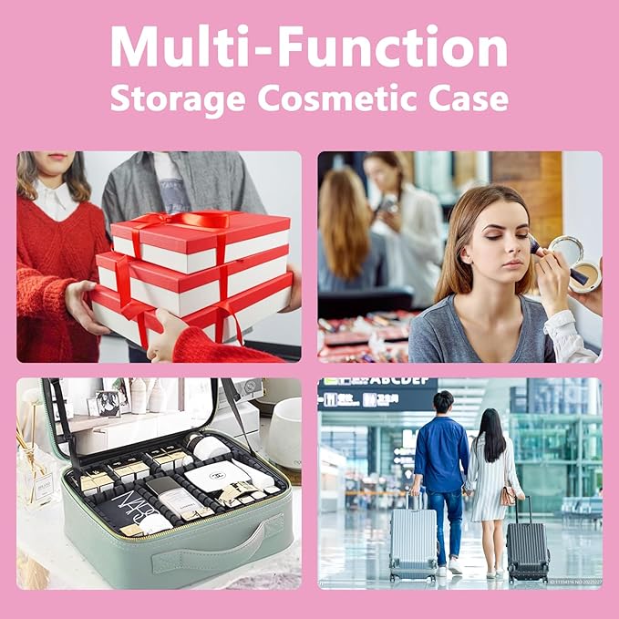 Makeup Bag with Led Mirror,Large Vanity Makeup Cases with 3 Color Setting,Portable Storage and Adjustable Dividers,for Women and Makeup Artists Cosmetic Organizer Travel Makeup Bag-Dark Pink