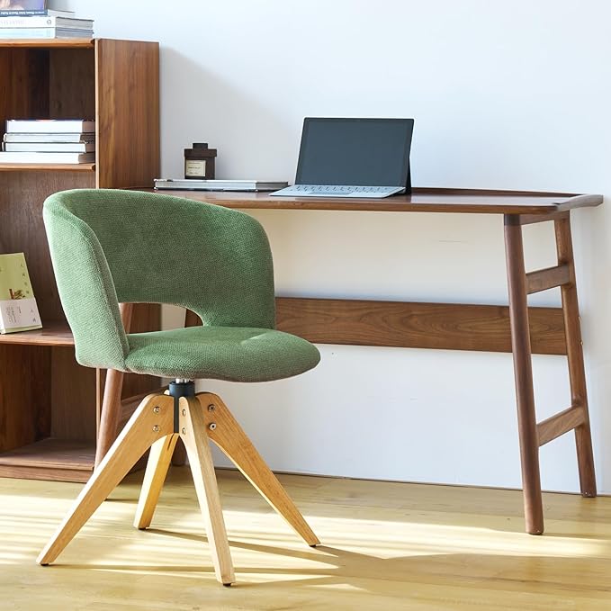 Mid Century Modern Swivel Accent Chair with Solid Wood Legs, Home Office Desk Chair No Wheels, Makeup Chair for Vanity, Upholstered Chair for Bedroom, Green