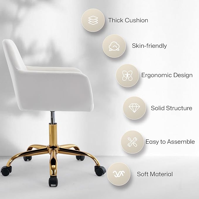 Faux Fur 360°Swivel Desk Chair, Height Adjustable Home Office Armchair with Golden Base for Teens Women Girls, Upholstery Computer Chair for Home Studios, Velvet & White