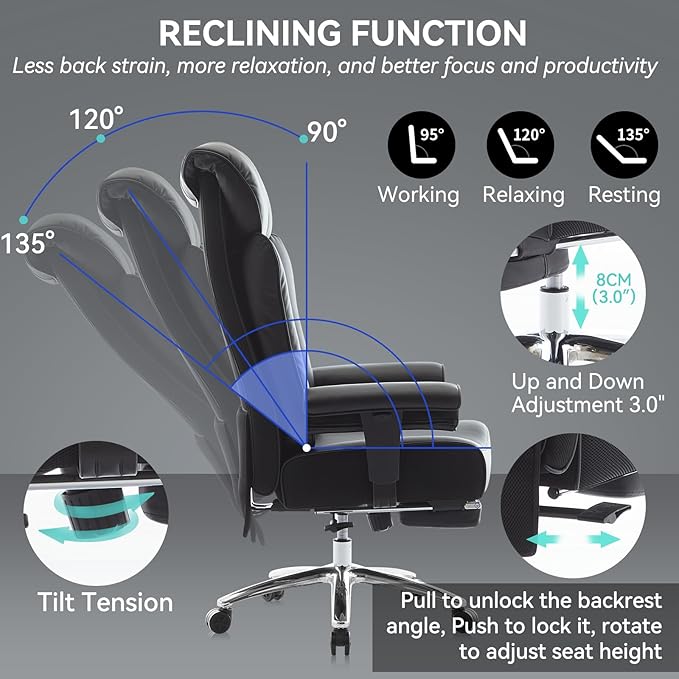 Efomao Big and Tall Office Chair 450lbs, 5.9" Thick Pocket Spring Executive Office Chair with Footrest, High Back PU Leather Desk Chair, Wide Seat Computer Chair, Black
