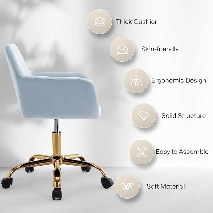 Faux Fur 360°Swivel Desk Chair, Modern Height Adjustable Home Office Armchair with Golden Base for Teens Women Girls, Upholstery Computer Chair, Velvet & Light Blue