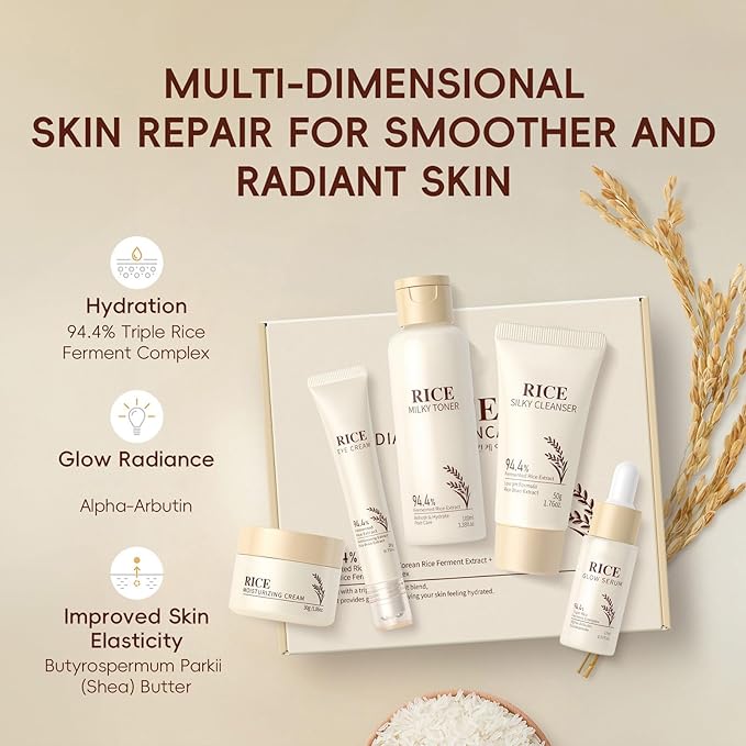 Rice Skin Care Set 5-Piece, Complete Facial Skincare Routine with Rice Moisturizing Cream, Toner & Essential Products, Hydrating Formula for Daily Nourishment, Gift Set (5PCS)
