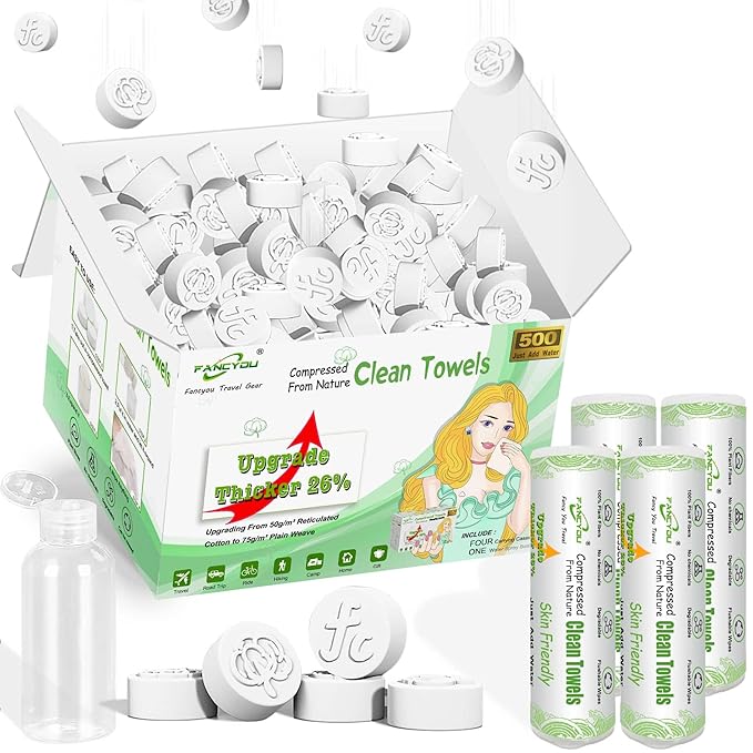 Compressed Towel Tablets Bulk 500 Pcs with 4 Dispenser, Mini Coin Tissue Cotton Biodegradable Disposable Washcloths, Portable Facial Towels for Home Travel Office Camping Gym Supplies