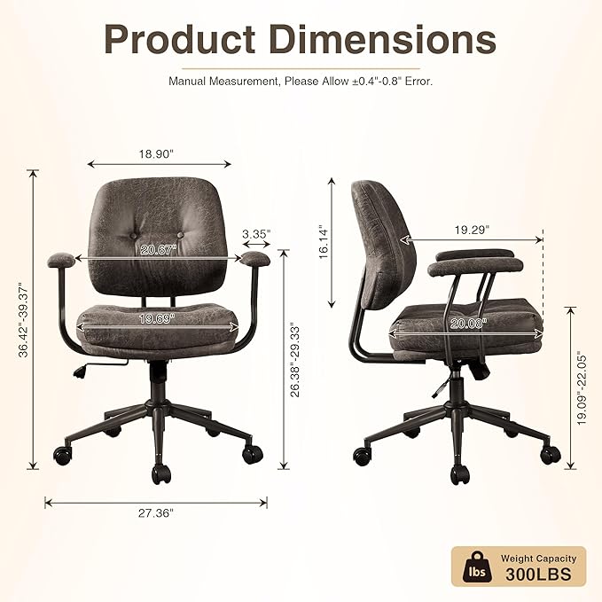 HOOOWOOO Ergonomic Office Chair,Mid Century Modern Computer Desk Chair,Comfy Executive Chair with Extra Wide Tufted Cloudy Seat Lumbar Support Rocking Back,Suede Leather Grey