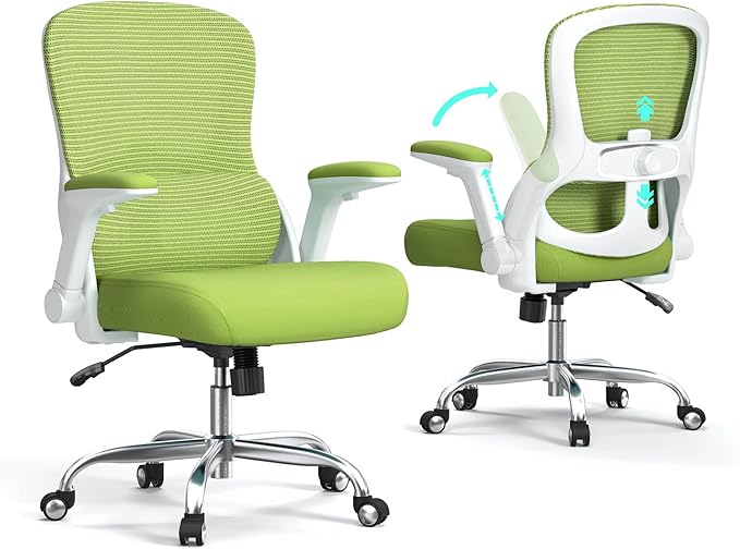 Office Chair Ergonomic Desk Chair Comfy: 400LBS Mesh Computer Chair Ergonomic Gaming Chairs with Wheels Adjustable Lumbar Support and Flip up Armrest-Swivel Executive Chairs Long Hours(Green)