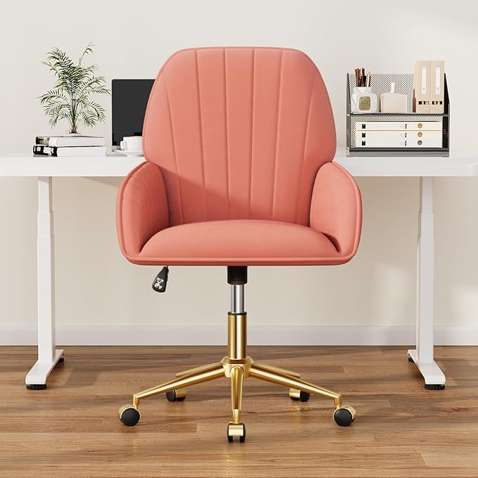 Home Office Desk Chair Comfy with Adjustable Swivel Wheels, Modern Velvet Makeup Vanity Chair with Back & Pillow, Ergonomic Office Chair Computer Task Chair for Living Room, Bedroom, Coral Red