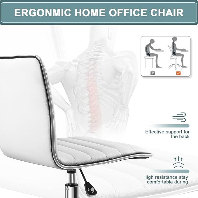 OFIKA Office Desk Chair, Adjustable Task Chair, Low Back Faux Leather Ribbed Swivel Chair, Armless Home Rolling Chair Retro with Wheels