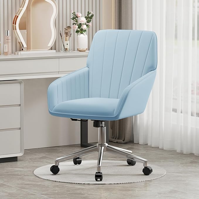 YISHENG Velvet Office Desk Chair with Silver Base, with Wheels,Modern Height Adjustable 360 Degree Swivel Upholstered Vanity Chairs with Arms for Living Room Bedroom,Light Blue