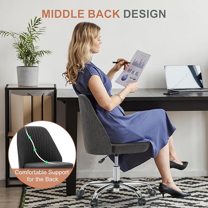 DUMOS Office Chair, Comfy Desk Chair Rolling Vanity Swivel Task Chairs with Wheels, Wide Seating Armless Height Adjustable Computer Chairs for Home,Bedroom,Student,Adults, Gunmetal Gray