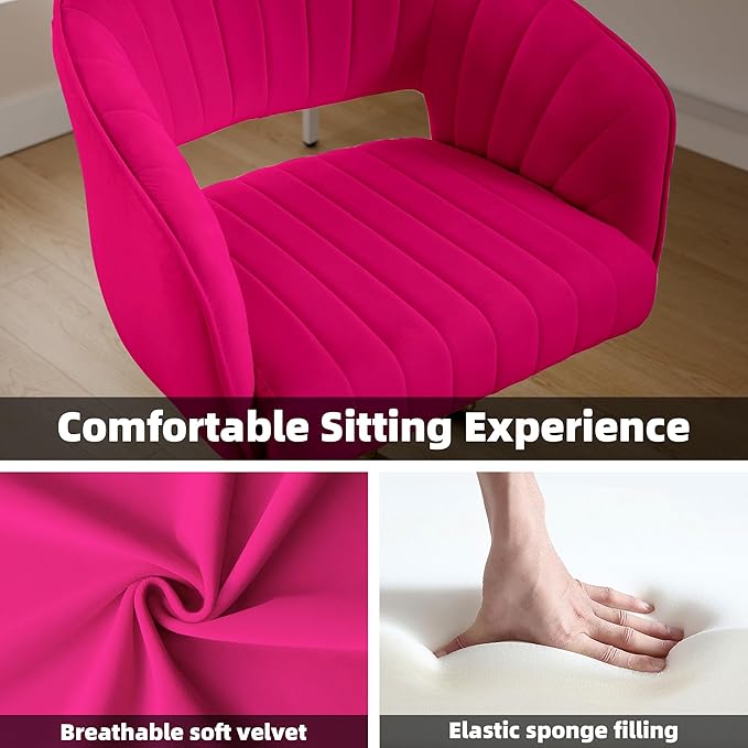 Westice Home Office Desk Chairs, Modern Velvet Rolling Chair, Height Adjustable Swivel Vanity Chair with Golden Base, Ergonomic Chair for Vanity Study, Living Room Computer Room, Hot Pink