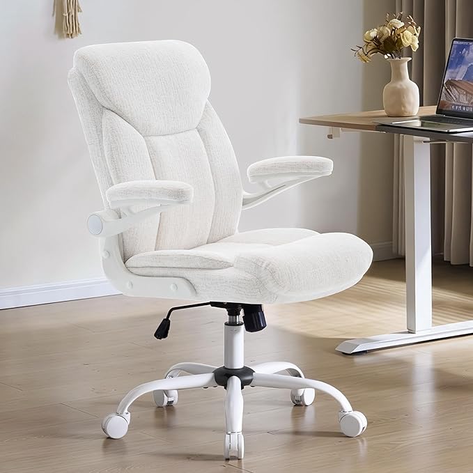 Home Office Ergonomic Desk Chair - Comfy Leather Executive Chair with Flip-Up Armrests, Lumbar Support, 360° Swivel & Rocking (White)
