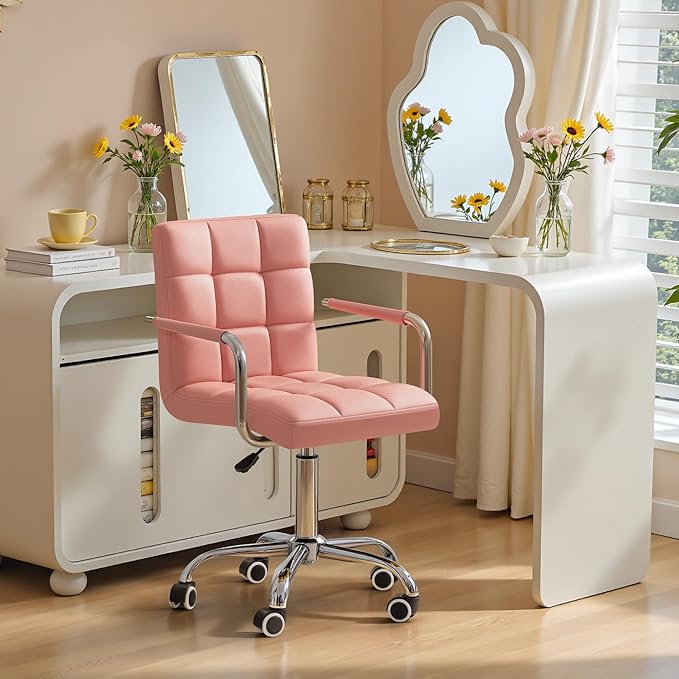 Furmax Vanity Office Chair with Wheels,Makeup PU Leather Executive Chair Modern Adjustable Home Desk Retro Comfortable Work Chair 360 Degree Swivel with Arms (Pink)
