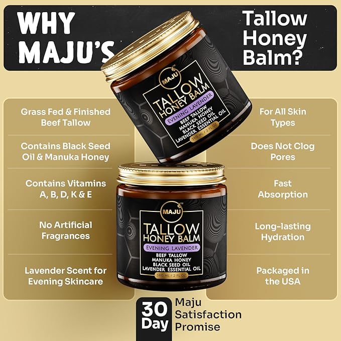 MAJU Tallow Honey Balm, Evening Lavender (2 oz), Grass Fed Beef Tallow for Skin with Organic Black Seed Oil, Manuka Honey and Organic Beeswax, Skin and Face Moisturizer for Deep Hydration