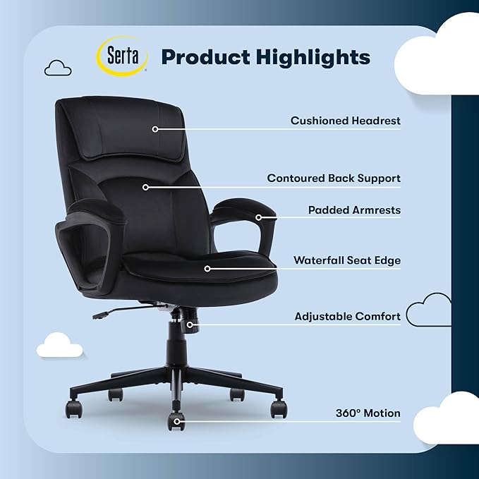 Serta Comfort Classic Executive Office Chair, Ergonomic Mid-Back Computer DeskChair with Lumbar Support, Semi-Plush Cushion and Body Pillows, Padded Armrests, Swivel Base, Black Velvet Fabric