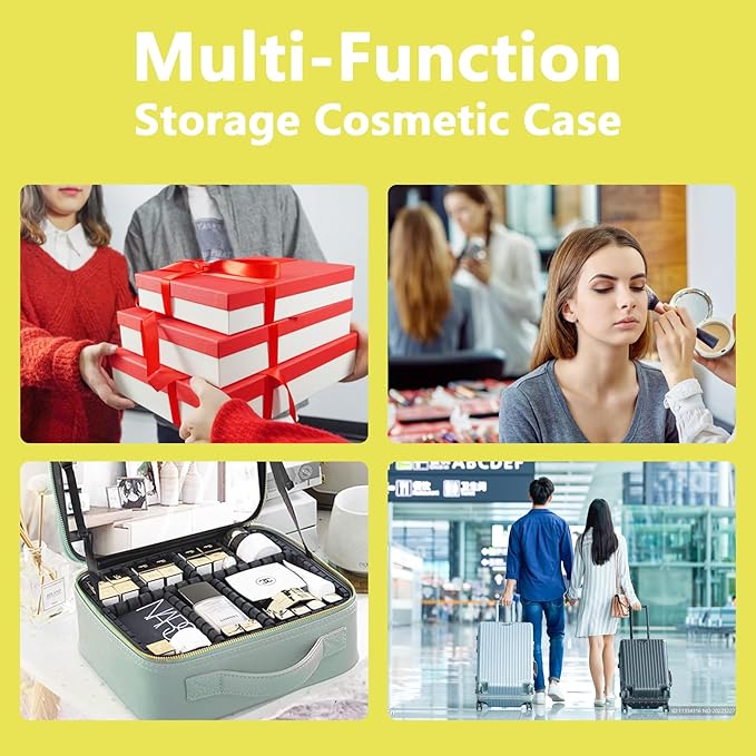 Makeup Bag with Led Mirror,Large Vanity Makeup Cases with 3 Color Setting,Portable Storage and Adjustable Dividers,for Women and Makeup Artists Cosmetic Organizer Travel Makeup Bag-Yellow