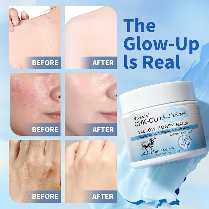 Copper Peptides GHK-Cu Whipped Beef Tallow for Skin, Grass Fed Beef Tallow and Honey Balm for Face & Body, with Methylene Blue Anti-Aging Moisturizer, Suitable for All Skin Types, 2 Oz