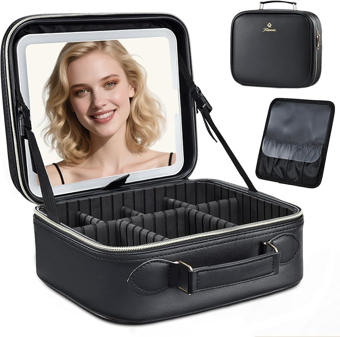 Travel Makeup Bag with LED Mirror 3 Color Modes,10.2-in Black Vegan Leather Makeup Organizer Bag with Adjustable EVA Dividers and Independent Brush Panel
