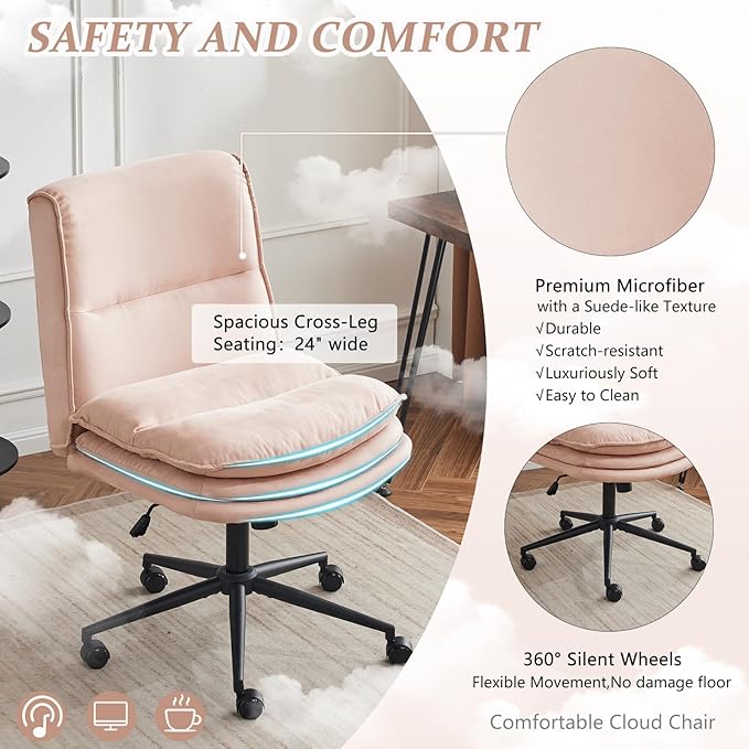 VINGLI Cloud Criss Cross Legged Chair,18" High Back Armless Home Office Desk Chair with Wheels,Wide Adjustable Comfy Padded Seat Task Computer Chair,Modern Swivel Makeup Vanity Chair,Microfiber,Pink