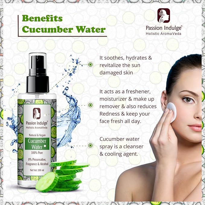 Passion Indulge Natural Face Toner- Pure Cucumber Water | Acne Removal & Reduce Skin Redness | Makeup Remover 100 ml | Pack of 2 |Skin Toner Suitable for All Skin Type