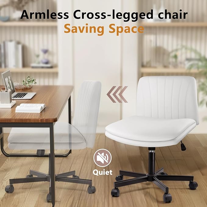 Criss Cross Chair, PU Leather Vanity Chair with Wheels, Armless Cross Legged Home Office Chair, Wide Seat Swivel Criss Cross Desk Chair, Height Adjustable Vanity Chair with Back, White