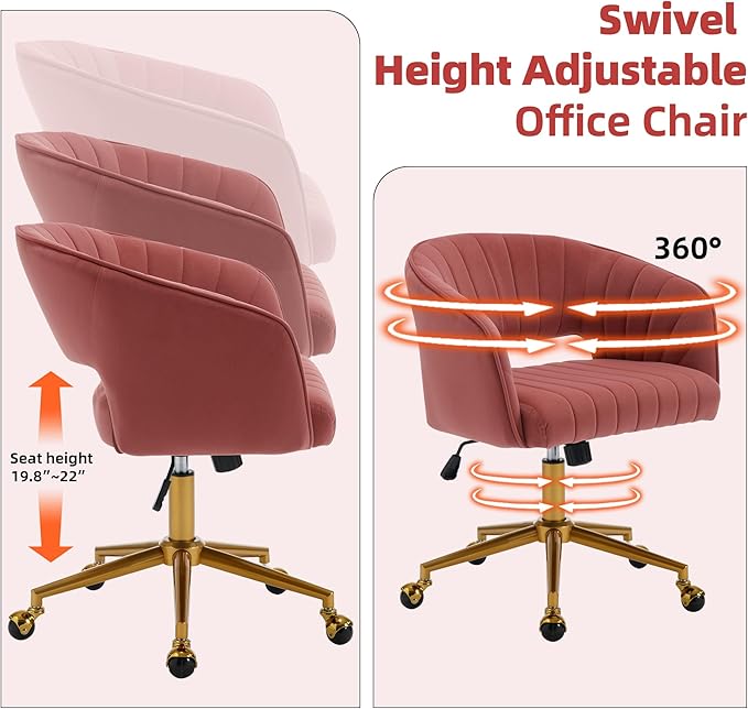 Westice Home Office Desk Chairs, Modern Velvet Desk Chair, Height Adjustable Swivel Vanity Chair with Golden Base, Ergonomic Chair for Vanity Study, Living Room Computer Room, Bean Paste Red