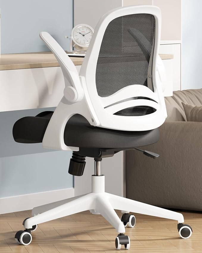 Hbada Office Desk Chair with Flip-Up Armrests and Saddle Cushion, Ergonomic Office Chair with S-Shaped Backrest, Swivel, Mesh, White