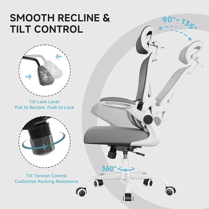 Ergonomic Office Chair, 330LBS Desk Chair with 3-Level Lumbar Support & Headrest, Breathable Mesh Backrest, Flip-Up Armrests for Home Office and Gaming, White and Gray